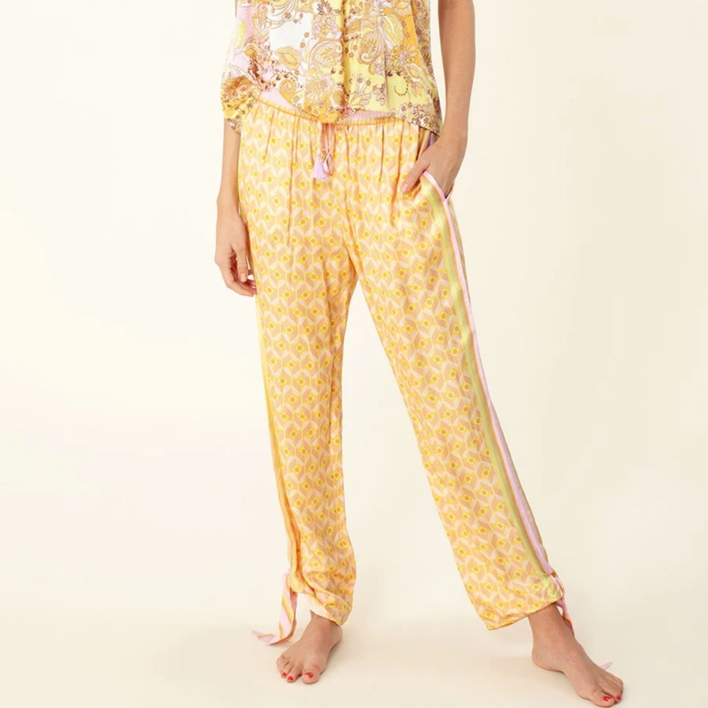 Hale Bob Tanea Pink Yellow Silk Pants Lounge Pants Elastic Waistband NWT